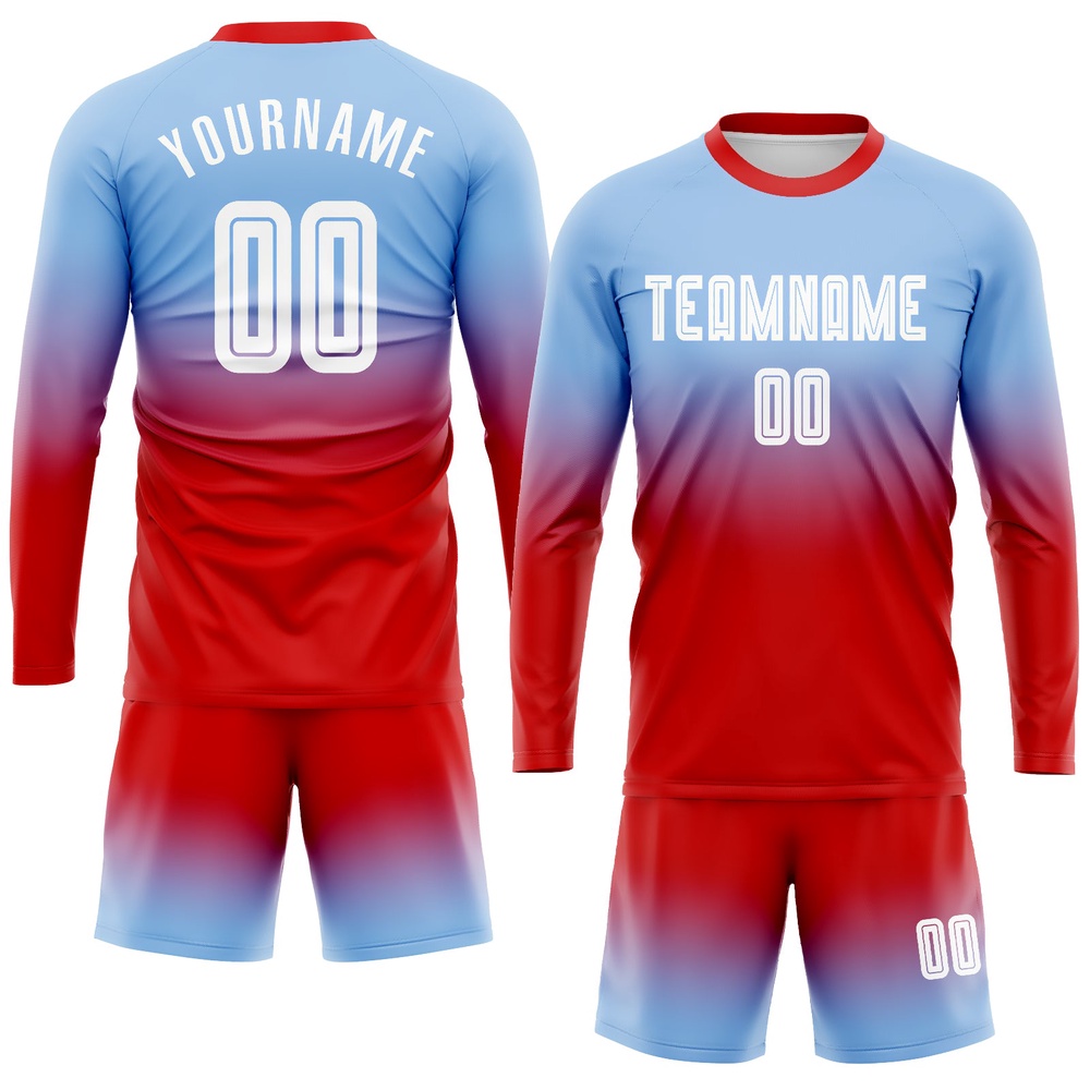 Light Blue White Red Sublimation Long Sleeve Fade Fashion Soccer Uniform Jersey, Custom Team Soccer Jersey Shirt