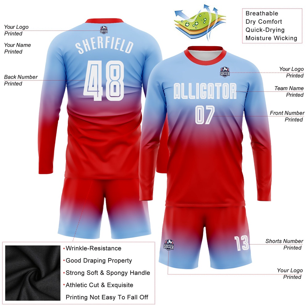 Light Blue White Red Sublimation Long Sleeve Fade Fashion Soccer Uniform Jersey, Custom Team Soccer Jersey Shirt