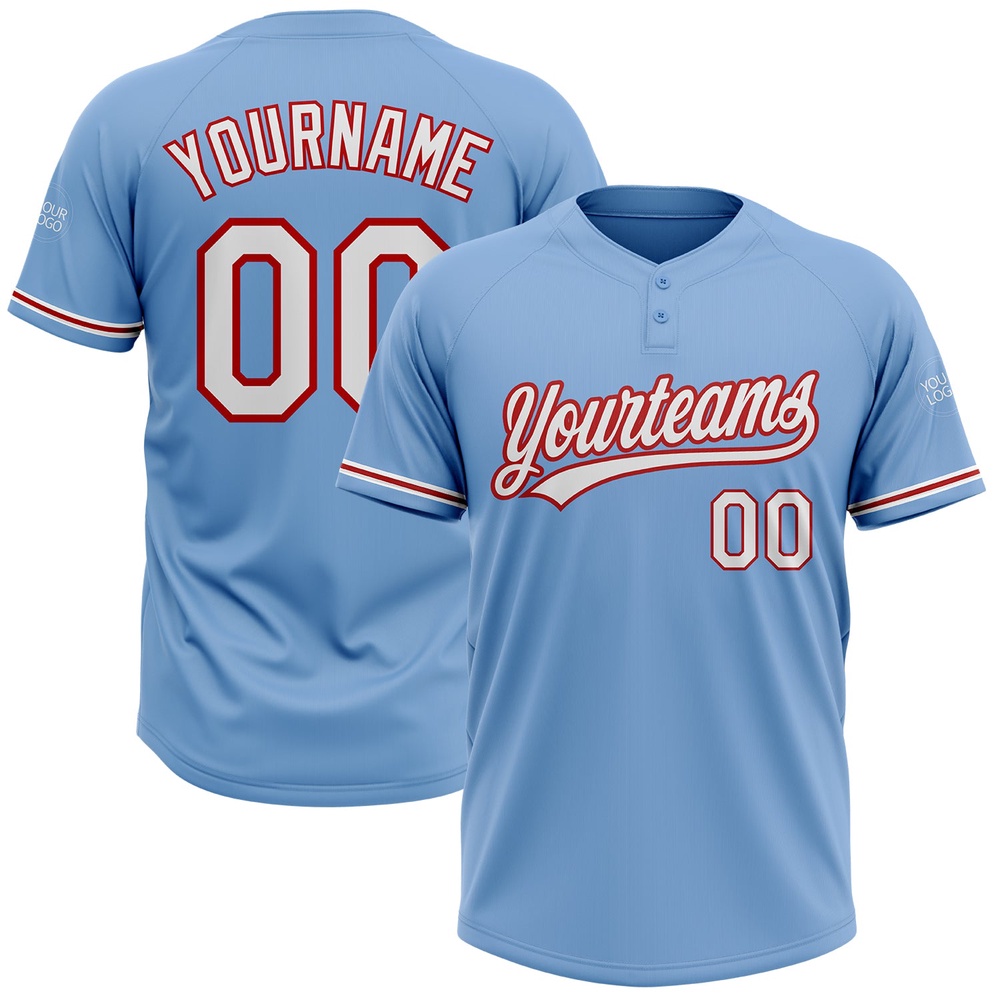 Light Blue White Red Two Button Unisex Softball Jersey, Custom Team Softball Jersey