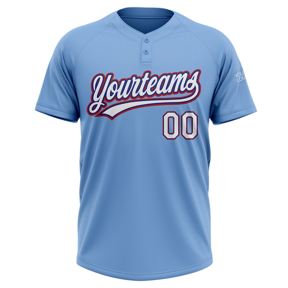 Light Blue White Royal Red Two Button Unisex Softball Jersey, Custom Team Softball Jersey