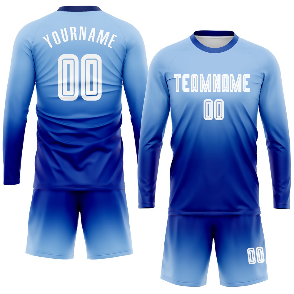 Light Blue White Royal Sublimation Long Sleeve Fade Fashion Soccer Uniform Jersey, Custom Team Soccer Jersey Shirt