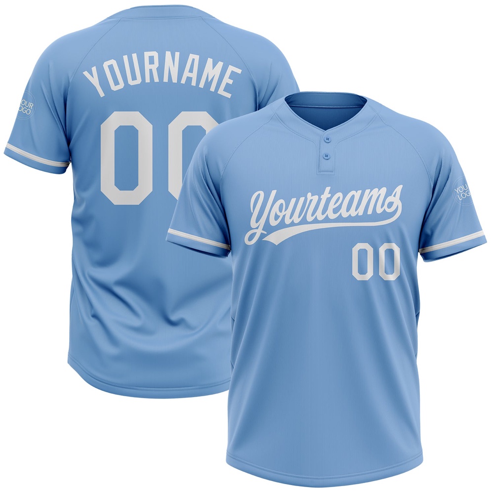 Light Blue White Two Button Unisex Softball Jersey, Custom Team Softball Jersey