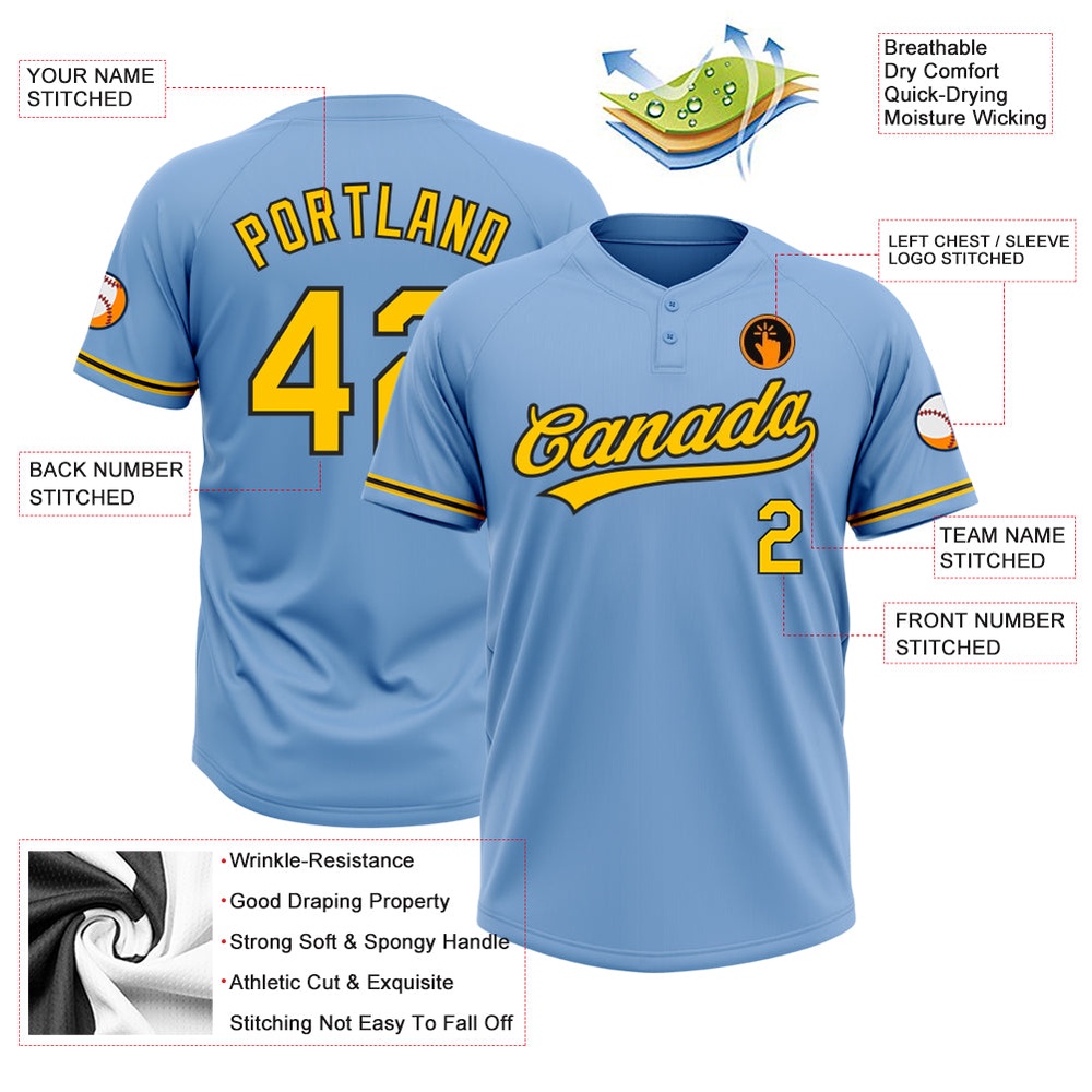 Light Blue Yellow Black Two Button Unisex Softball Jersey, Custom Team Softball Jersey Light Blue Yellow Black Two Button Unisex Softball Jersey, Custom Team Softball Jersey
