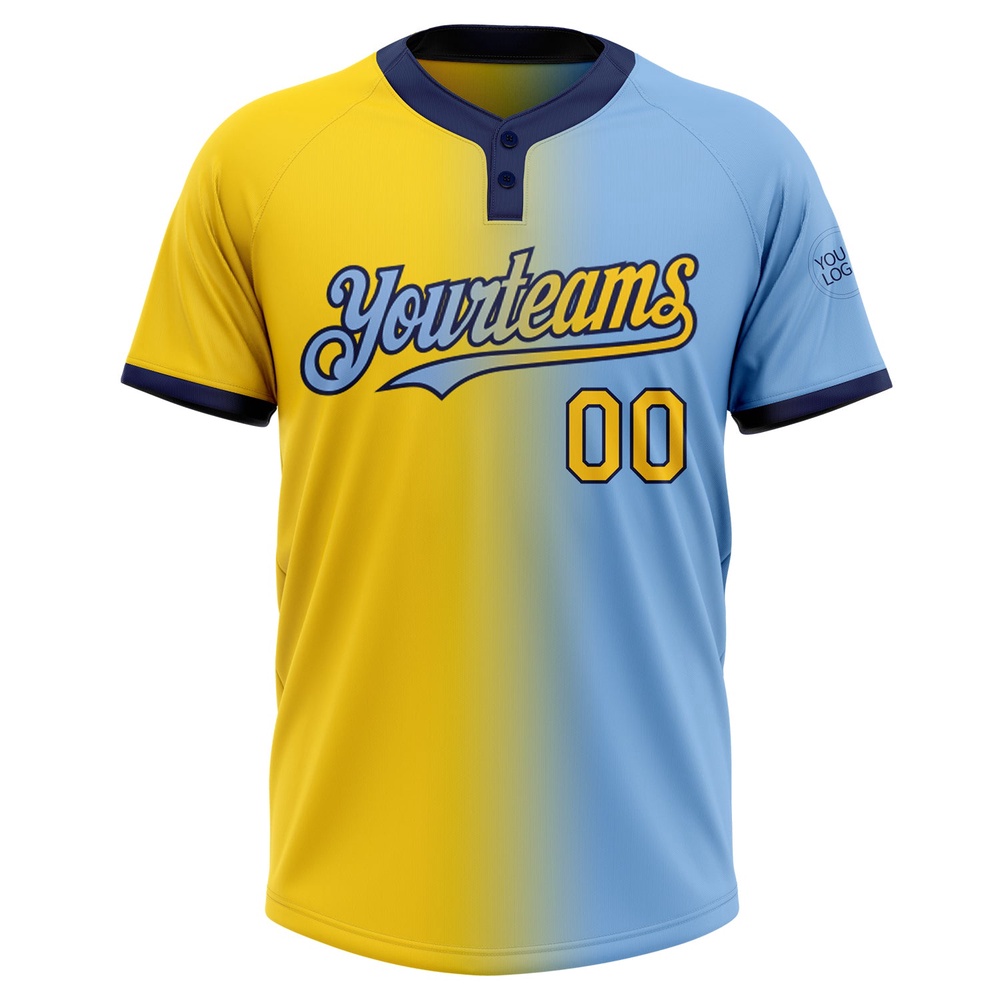Light Blue Yellow Navy Gradient Fashion Two Button Unisex Softball Jersey, Custom Team Softball Jersey Light Blue Yellow Navy Gradient Fashion Two Button Unisex Softball Jersey, Custom Team Softball Jersey