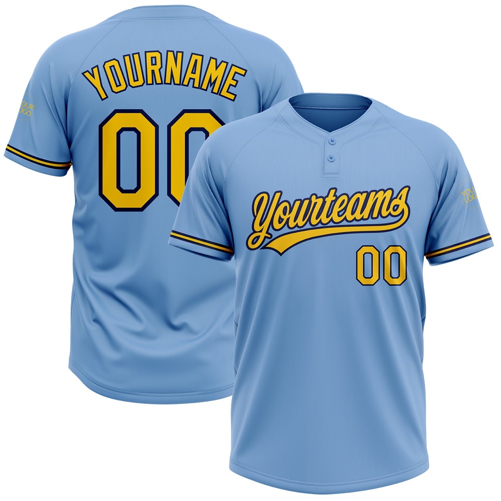 Light Blue Yellow Navy Two Button Unisex Softball Jersey, Custom Team Softball Jersey