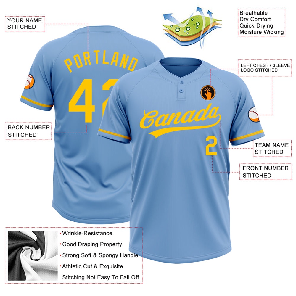 Light Blue Yellow Two Button Unisex Softball Jersey, Custom Team Softball Jersey