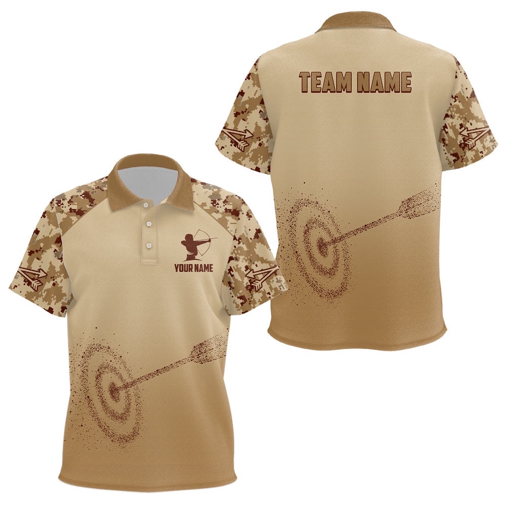 Light Brown Camo Target Archery Polo Shirts, Custom Archery Team Shirts, Custom Archery Team Polo Shirt