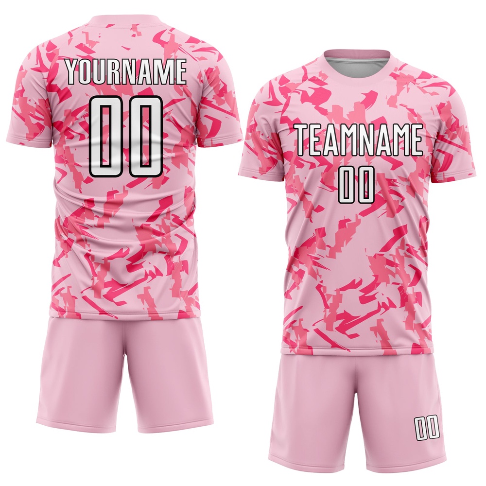 Light Pink Black Pink Abstract Geometric Pattern Sublimation Soccer Uniform Jersey, Custom Team Soccer Jersey Shirt
