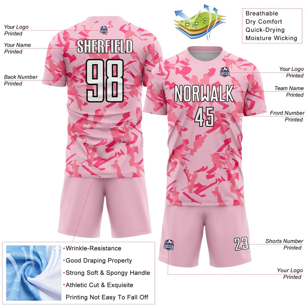 Light Pink Black Pink Abstract Geometric Pattern Sublimation Soccer Uniform Jersey, Custom Team Soccer Jersey Shirt