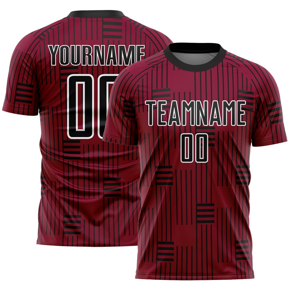 Maroon Black White Lines Sublimation Soccer Uniform Jersey, Custom Team Soccer Jersey Shirt
