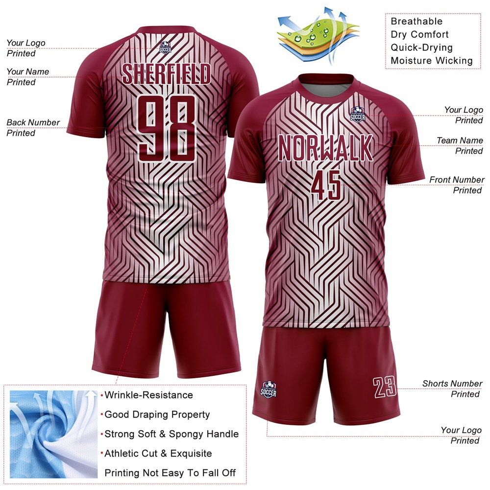 Maroon White Lines Sublimation Soccer Uniform Jersey, Custom Team Soccer Jersey Shirt