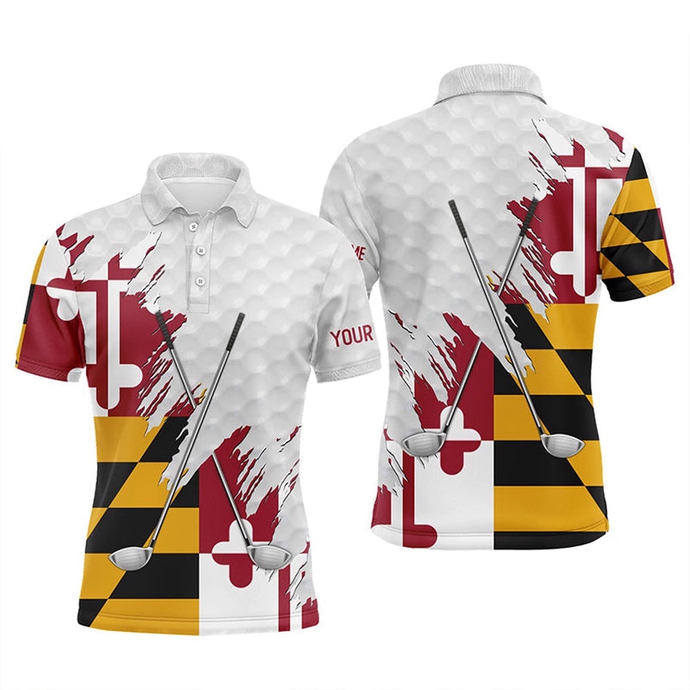 Maryland Flag Golf Clubs Patriotic Custom Name White Men’s Team Men’s Golf Tops, Golf Polo Shirt, Golf Shirts