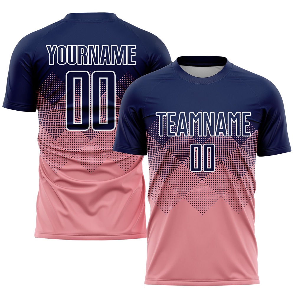 Medium Pink Navy White Sublimation Soccer Uniform Jersey, Custom Team Soccer Jersey Shirt Medium Pink Navy White Sublimation Soccer Uniform Jersey, Custom Team Soccer Jersey Shirt