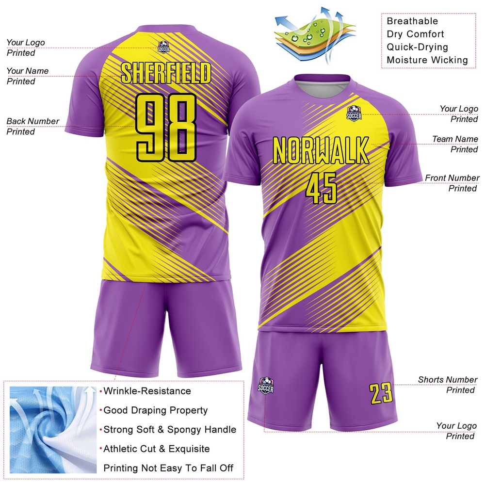 Medium Purple Light Yellow Black Line Sublimation Soccer Uniform Jersey, Custom Team Soccer Jersey Shirt Medium Purple Light Yellow Black Line Sublimation Soccer Uniform Jersey, Custom Team Soccer Jersey Shirt
