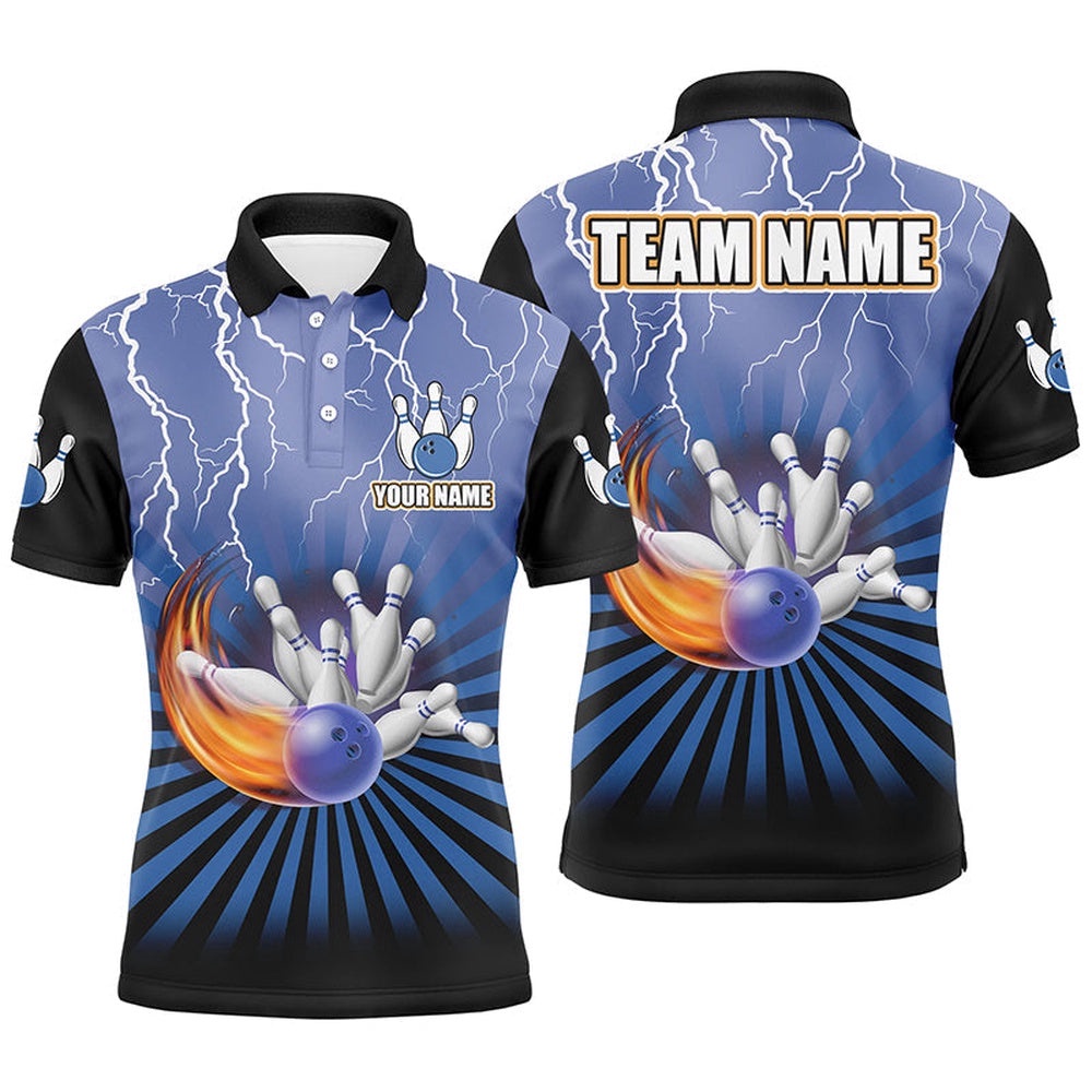 Men Bowling Polo Shirt Custom Lightning Storm Vintage Bowling Team Polo Shirt, Gift For Bowlers Blue, Personalized Bowling Team Shirt