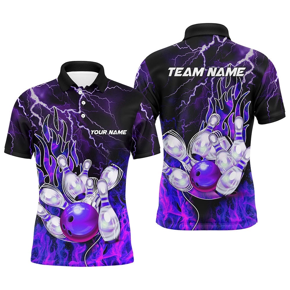 Men Bowling Polo Shirt Custom Purple Lightning Thunder Bowling Team Polo Shirt, Gift For Team Bowlers, Personalized Bowling Team Shirt