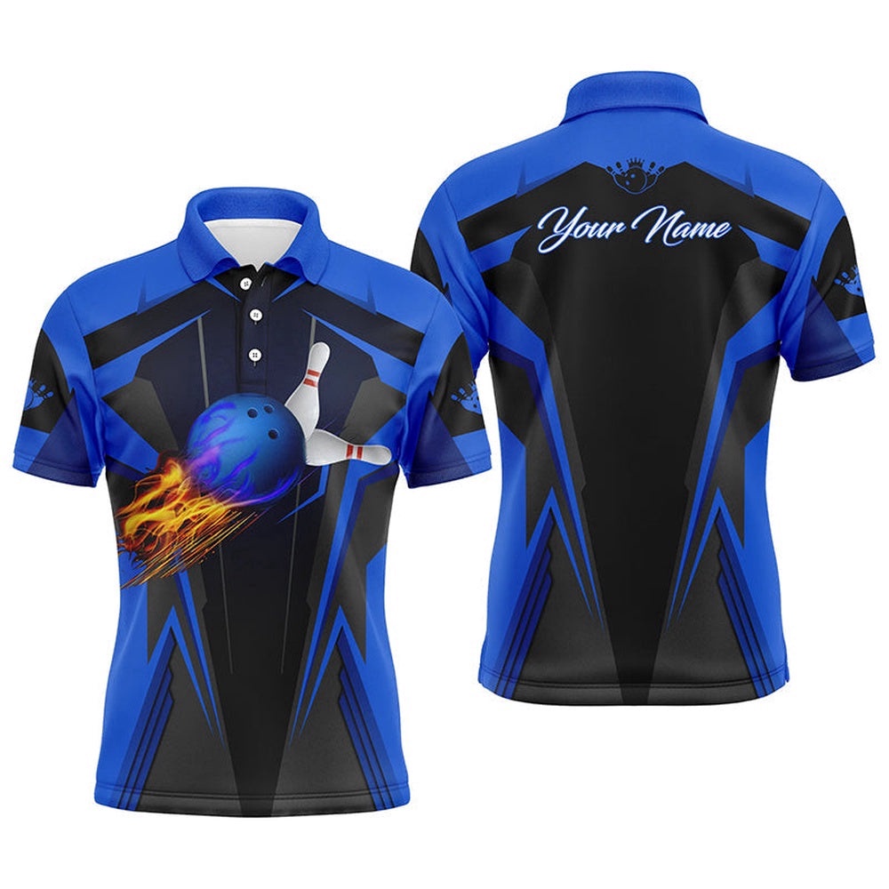 Men Bowling Polo Shirt Flame Bowling Ball And Pins, Bowling Polo For Men Bowlers Blue, Personalized Bowling Team Shirt