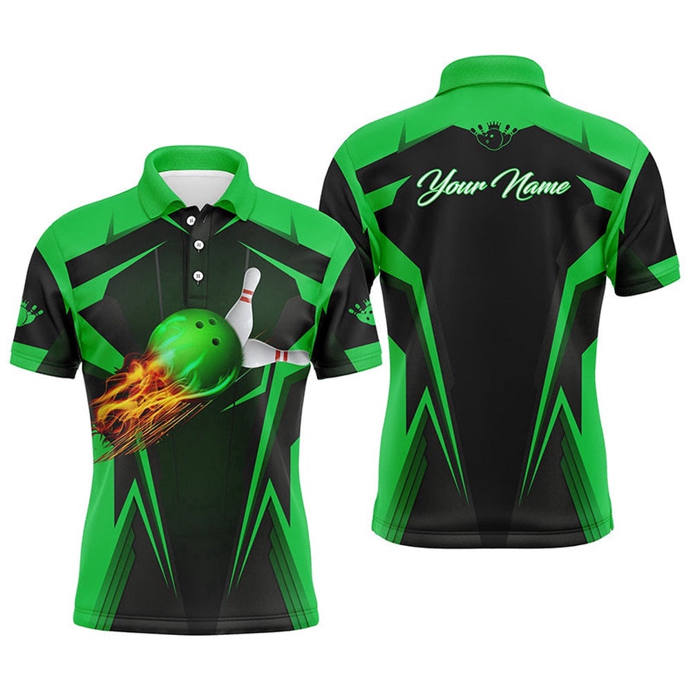 Men Bowling Polo Shirt Flame Bowling Ball And Pins, Bowling Polo For Men Bowlers Green, Personalized Bowling Team Shirt Men Bowling Polo Shirt Flame Bowling Ball And Pins, Bowling Polo For Men Bowlers Green, Personalized Bowling Team Shirt