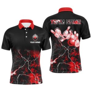 Men Bowling Polo Shirt Red Lightning Thunder&hellip;