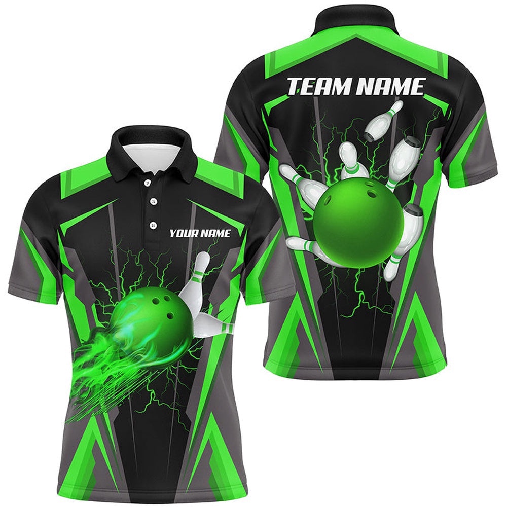 Men Bowling Shirts Flame Bowling Ball And Pins, Bowling Polo Shirt For Men Bowlers Green, Personalized Bowling Team Shirt