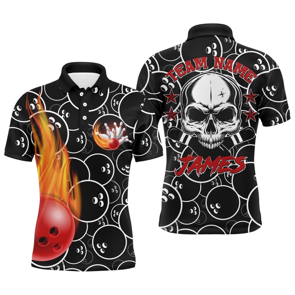 Men Flame Polo Bowling Shirt Cool Skull Pins Black Bowling Short Sleeve Men Bowlers, Personalized Bowling Team Shirt