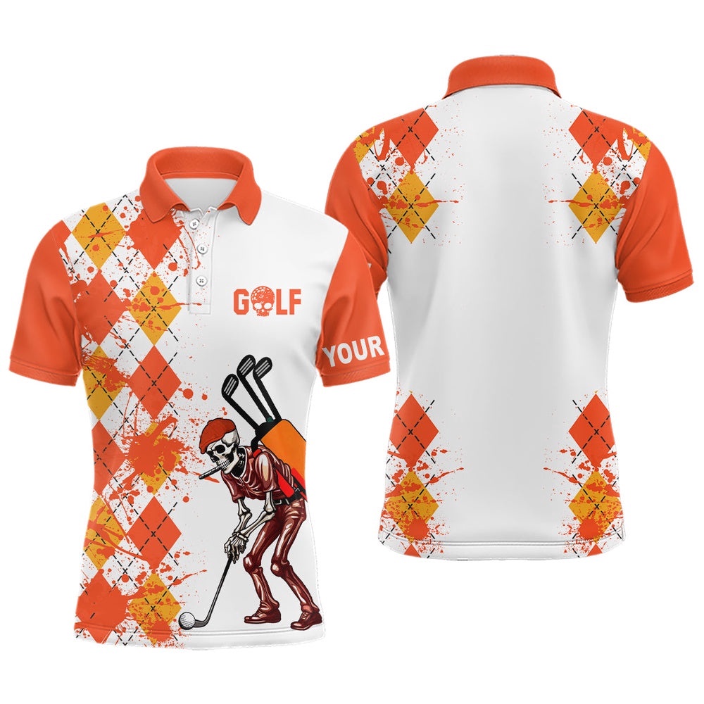 Men Golf Polo Shirts Argyle Pattern Custom Skull Golf Outfit Men, Golf Attire For Men’s Orange, Golf Polo Shirt, Golf Shirts