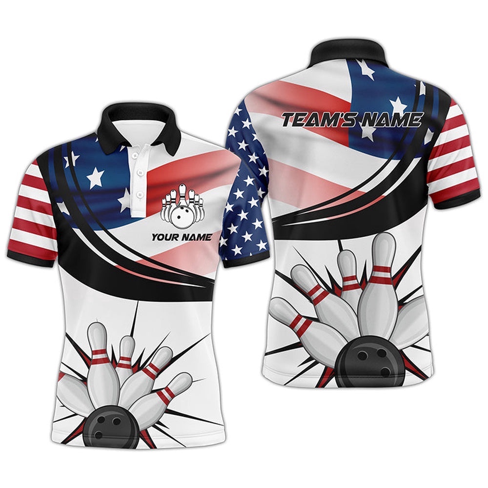 Men Polo Bowling Shirt, American Flag Bowling Short Sleeve Men Bowlers Polo Shirt, Personalized Bowling Team Shirt