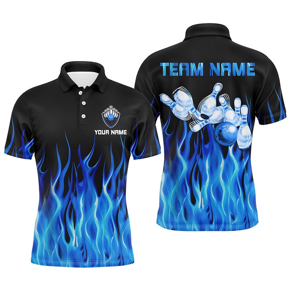 Men Polo Bowling Shirt Blue Flame Bowling Ball Pins Bowling Polo Shirt For Men Bowler, Personalized Bowling Team Shirt