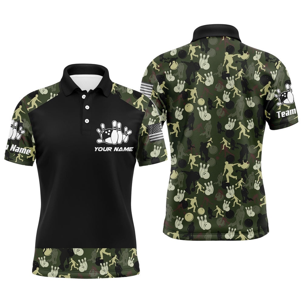 Men Polo Bowling Shirt Camo Balls And Pins Team Short Sleeves Men Bowlers Polo Shirt, Personalized Bowling Team Shirt