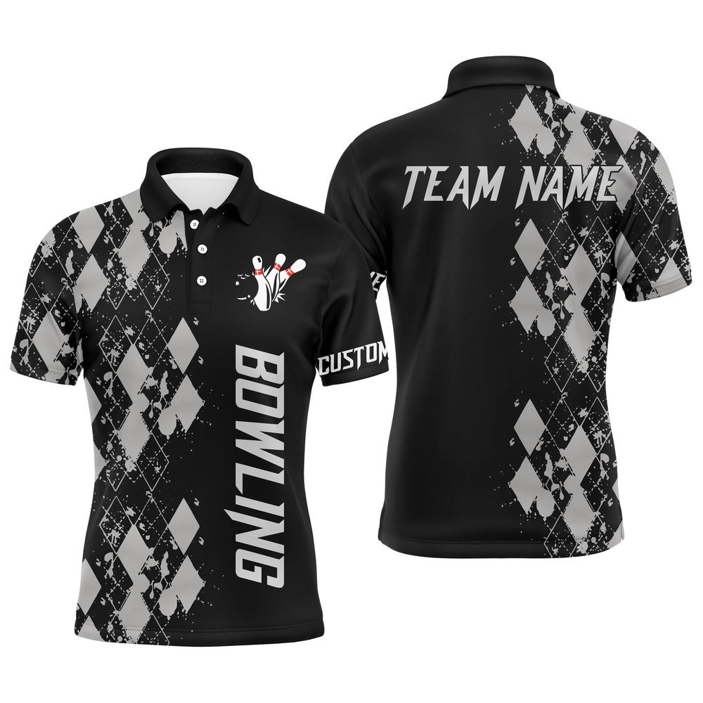 Men Polo Bowling Shirt, Custom Name Argyle Pattern Bowler Team Polo Shirt, Personalized Bowling Team Shirt