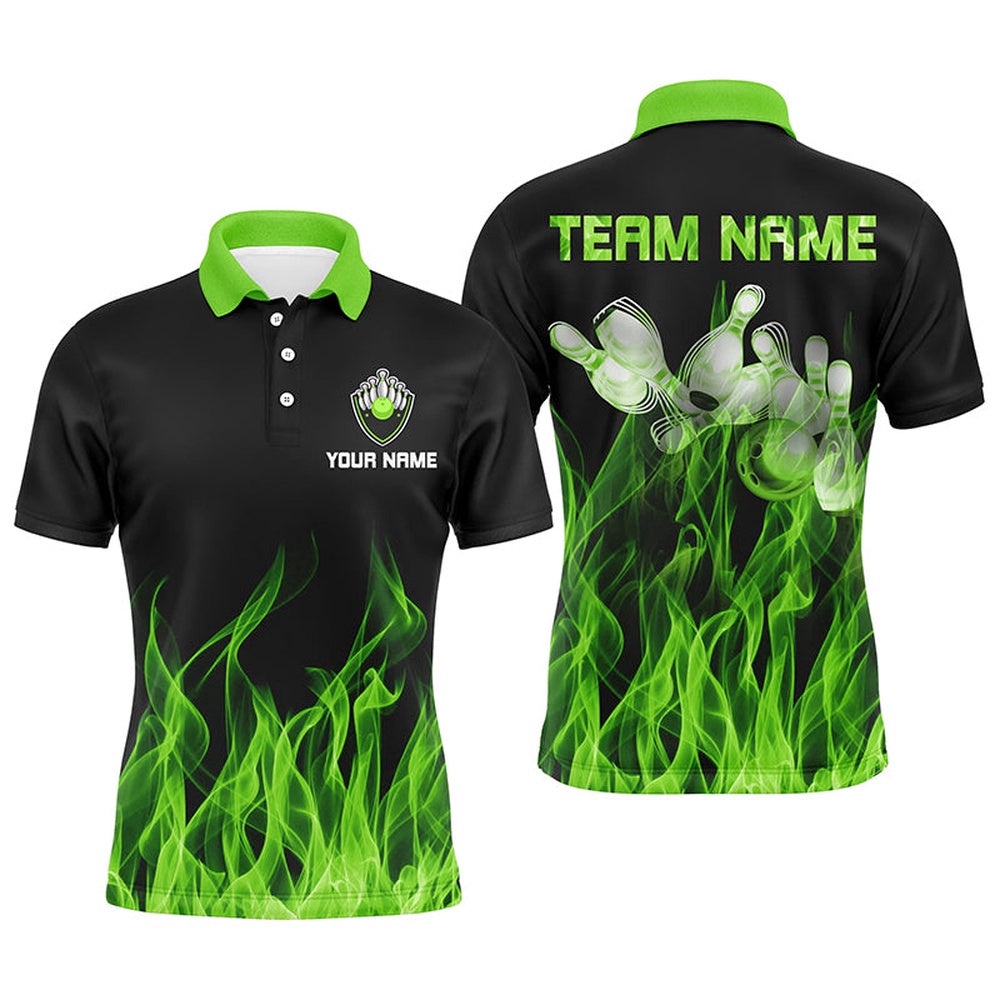 Men Polo Bowling Shirt Green Flame Bowling Ball And Pins Bowling Polo Shirt For Men Bowler, Personalized Bowling Team Shirt