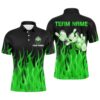 Men Polo Bowling Shirt Green Flame Bowling Ball And Pins Bowling Polo Shirt For Men Bowler, Personalized Bowling Team Shirt