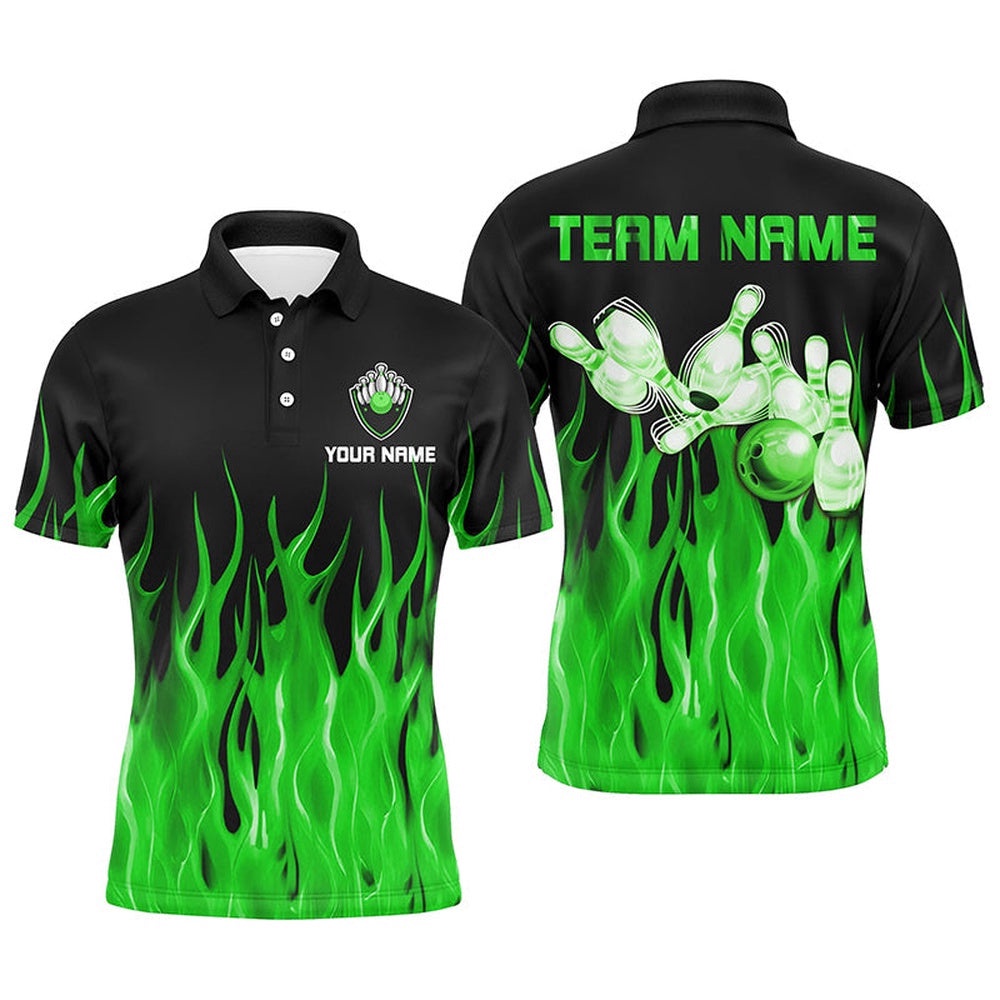 Men Polo Bowling Shirt Green Flame Bowling Ball Pins Bowling Polo Shirt For Men Bowler, Personalized Bowling Team Shirt Men Polo Bowling Shirt Green Flame Bowling Ball Pins Bowling Polo Shirt For Men Bowler, Personalized Bowling Team Shirt