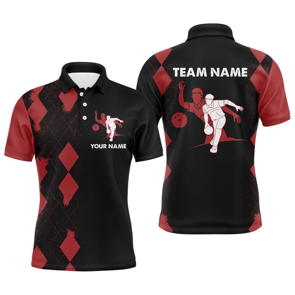 Men Polo Bowling Shirt Name, Red&Black Bowler Team Polo Shirt For Bowling Lovers, Personalized Bowling Team Shirt