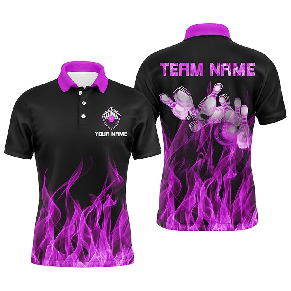 Men Polo Bowling Shirt Purple Flame Bowling Ball And Pins Bowling Polo Shirt For Men Bowler, Personalized Bowling Team Shirt