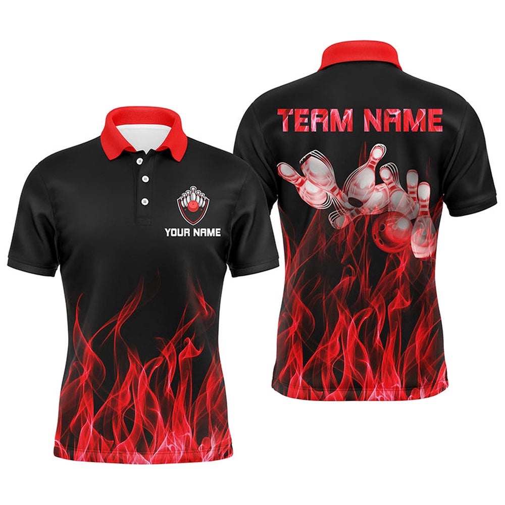 Men Polo Bowling Shirt Red Flame Bowling Ball And Pins Bowling Polo Shirt For Men Bowler, Personalized Bowling Team Shirt
