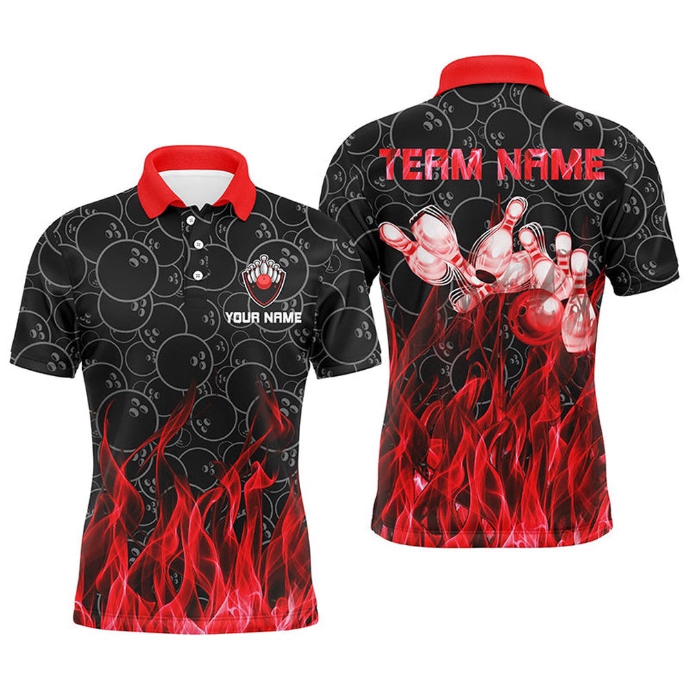 Men Polo Bowling Shirt Red Flame Bowling Ball And Pins Camo Bowling Polo Shirt For Men Bowler, Personalized Bowling Team Shirt