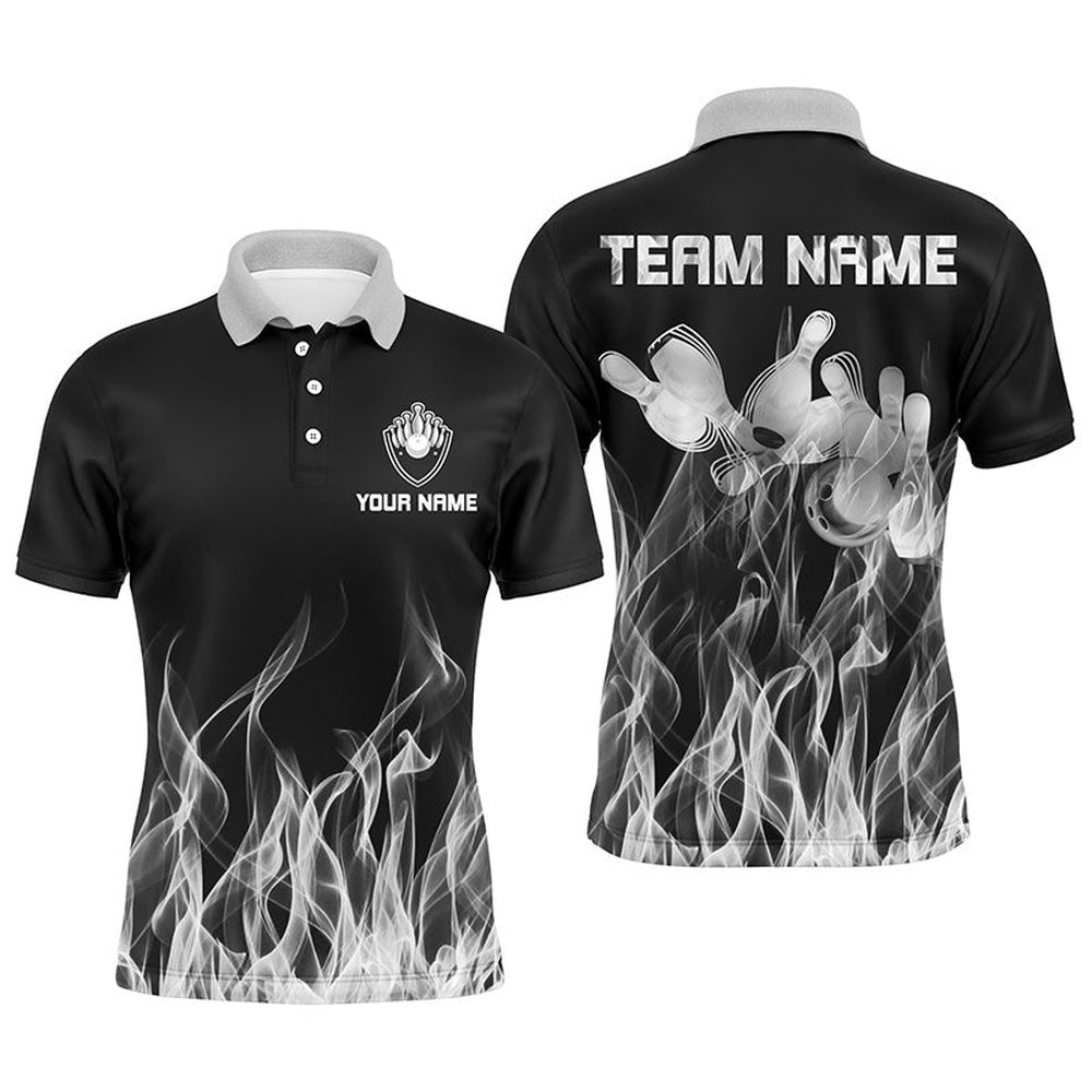 Men Polo Bowling Shirt White Flame Bowling Ball And Pins Bowling Polo Shirt For Men Bowler, Personalized Bowling Team Shirt