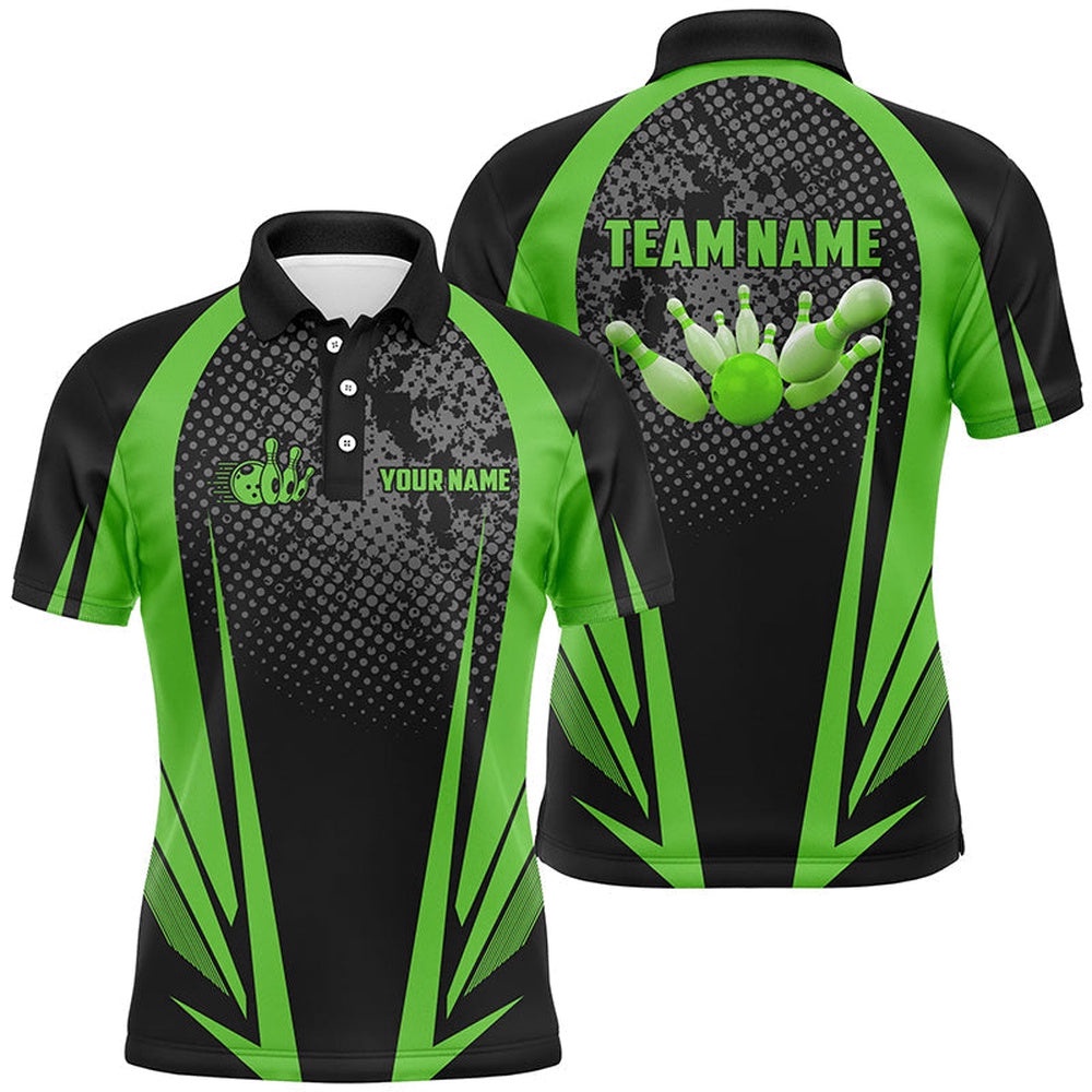 Men’s Bowling Short Sleeve Polo Custom Bowling Ball And Pins Black And Green Team Men Bowlers Polo Shirt, Personalized Bowling Team Shirt