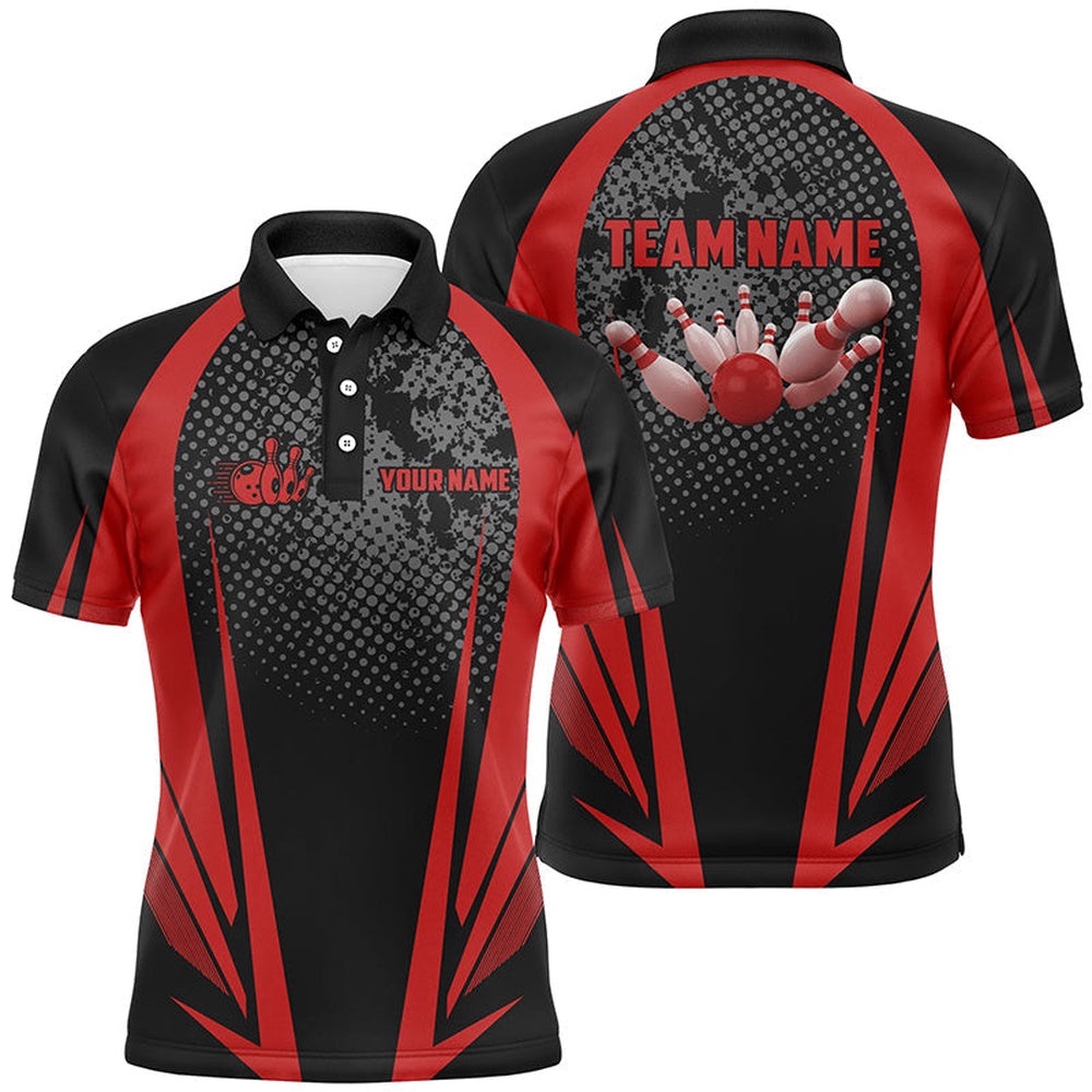 Men’s Bowling Short Sleeve Polo Custom Bowling Ball And Pins Black And Red Team Men Bowlers Polo Shirt, Personalized Bowling Team Shirt