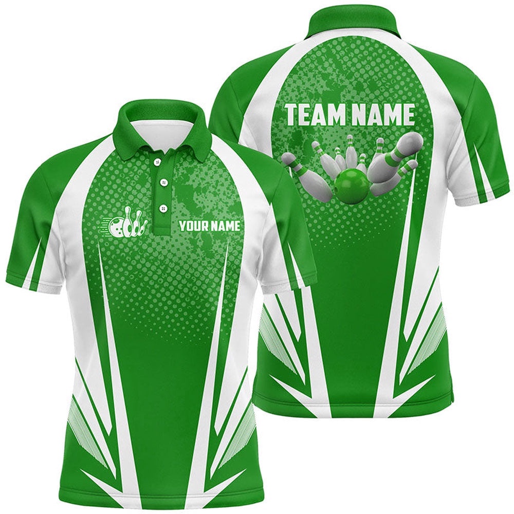 Men’s Bowling Short Sleeve Polo Custom Bowling Ball And Pins Green And White Team Men Bowlers Polo Shirt, Personalized Bowling Team Shirt