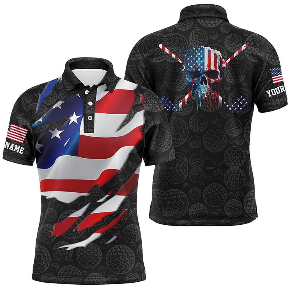 Men’s D American Flag Custom Golf Pattern Black Polo Shirts Skull Golf Shirts For Men, Golf Polo Shirt, Golf Shirts