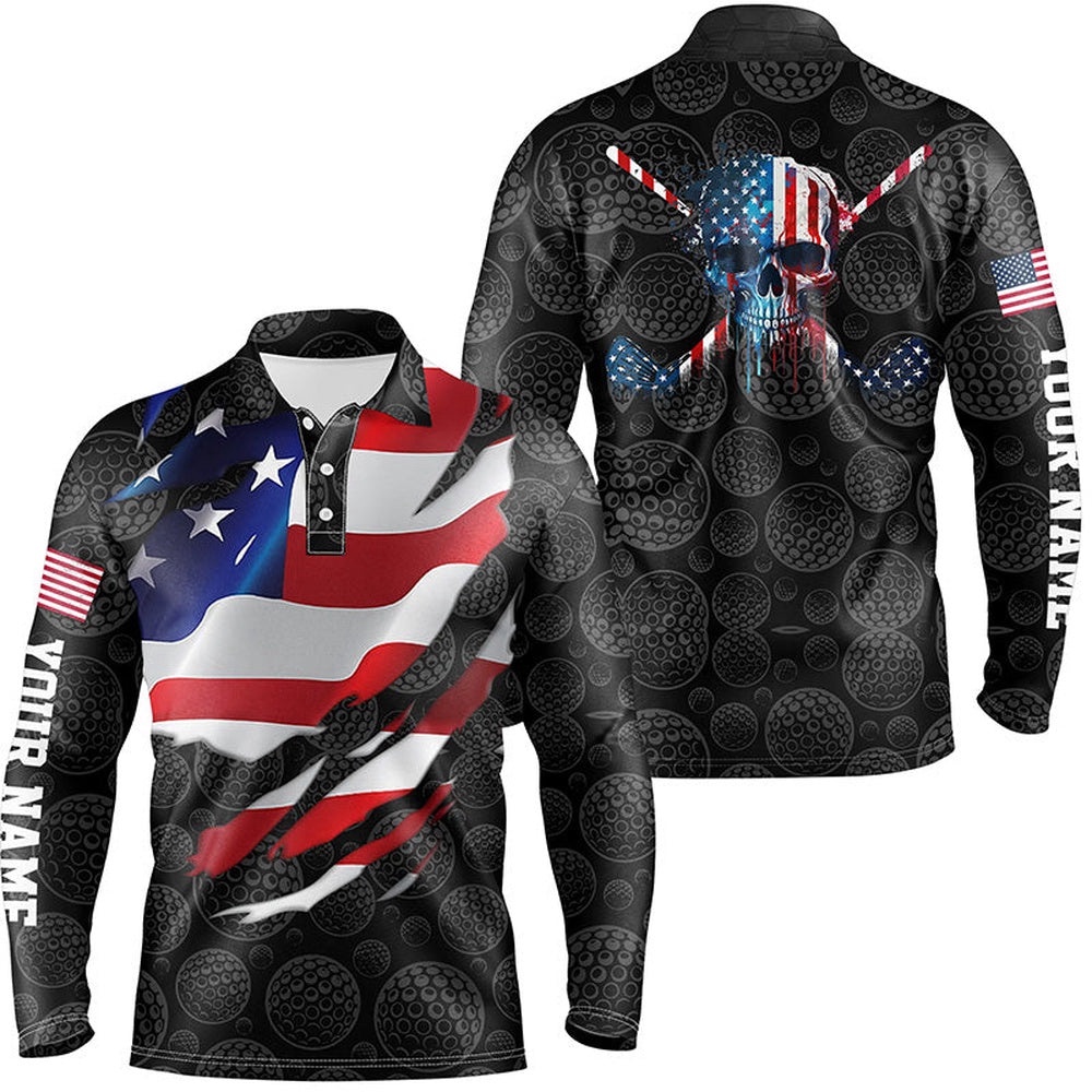 Men’s D American Flag Custom Golf Pattern Black Polo Shirts Skull Golf Shirts For Men, Golf Polo Shirt, Golf Shirts