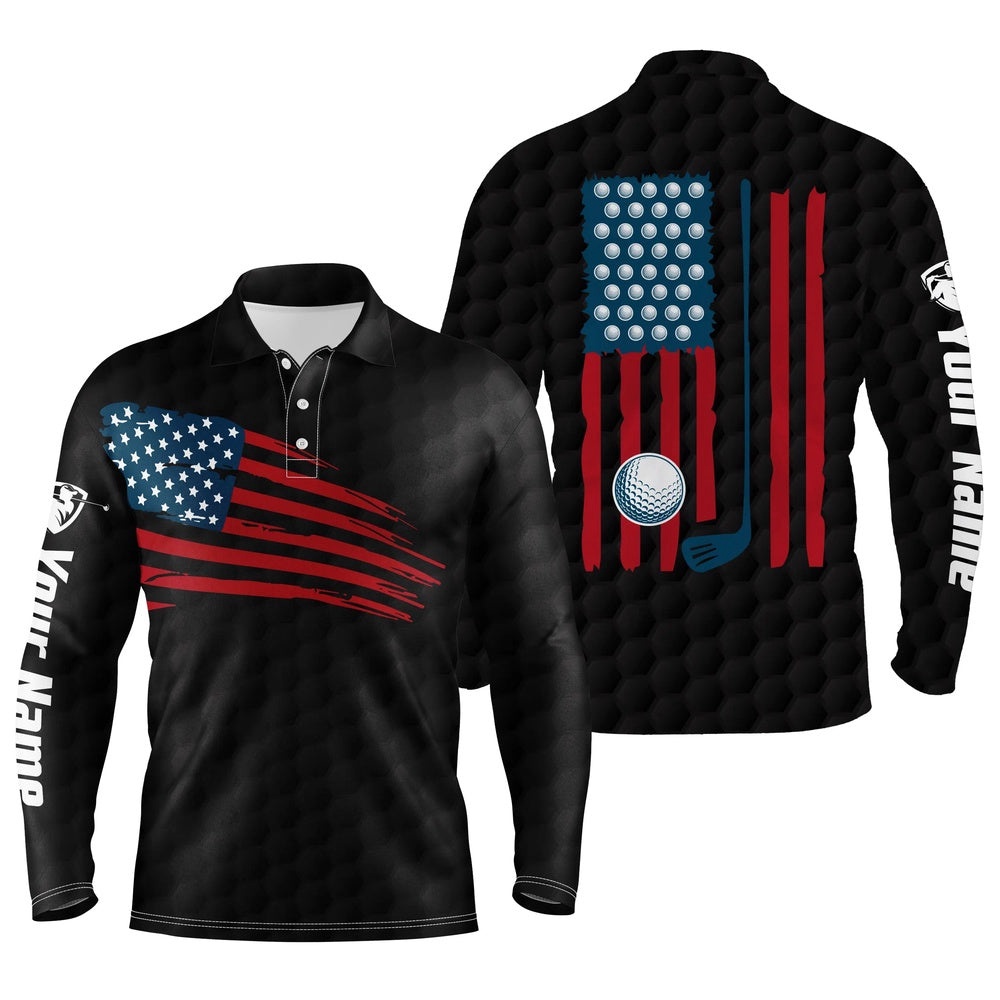 Men’s Golf Polo Shirt American Flag Patriotic Golf Shirts Custom Name Golf Gifts For Men Black, Golf Polo Shirt, Golf Shirts