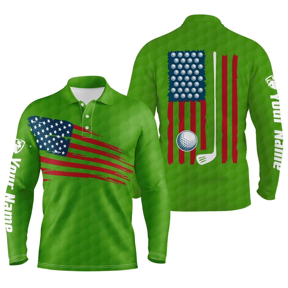 Men’s Golf Polo Shirt American Flag Patriotic Golf Shirts Custom Name Golf Gifts For Men Green, Golf Polo Shirt, Golf Shirts