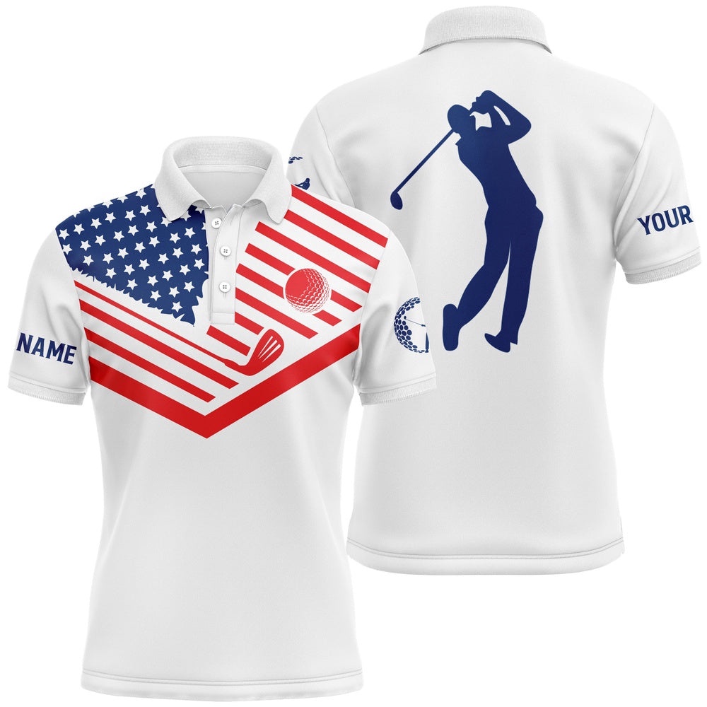 Men’s Golf Polo Shirt American Flag Th July Patriot Custom Name White Golf Shirt, Golf Polo Shirt, Golf Shirts