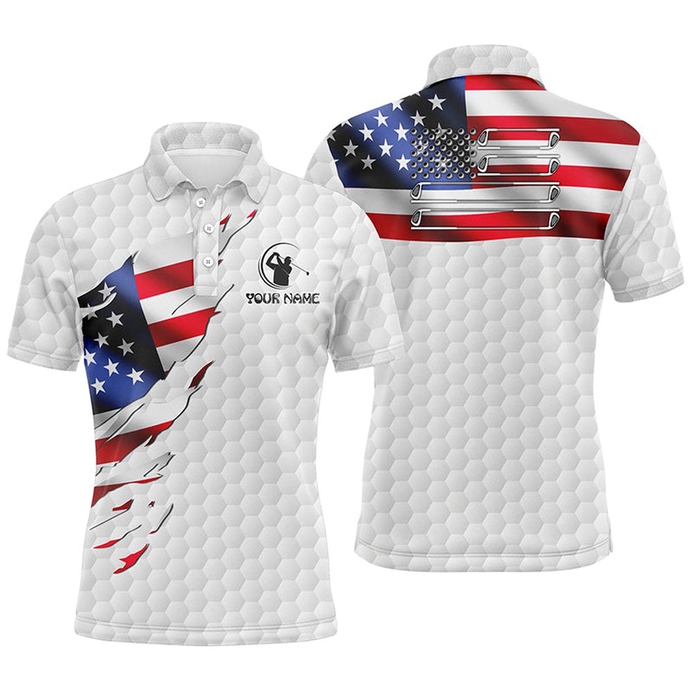Men’s Golf Polo Shirt Custom American Flag White Golf Ball Skin Patriotic Golf Shirt For Men’s, Golf Polo Shirt, Golf Shirts