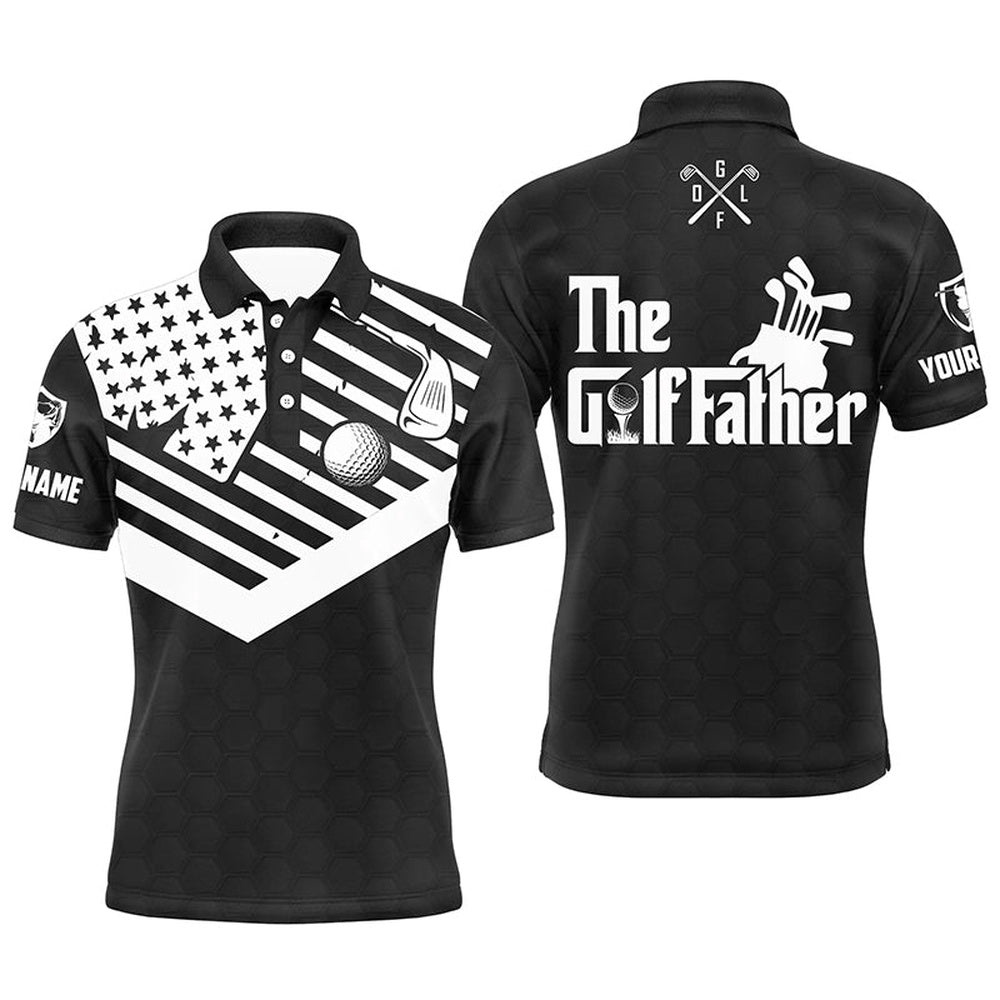 Men’s Golf Polo Shirt Custom Black White American Flag Patriotic The Golf Father Golf Shirts For Dad, Golf Polo Shirt, Golf Shirts
