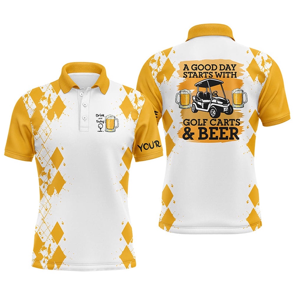 Men’s Golf Polo Shirt Custom Name A Good Day Starts With Golf Carts And Beer, Funny Golf Beer Shirts, Golf Polo Shirt, Golf Shirts