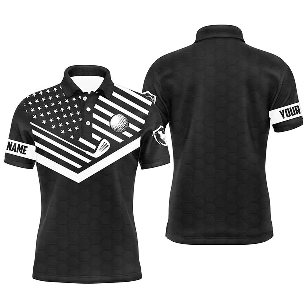 Men’s Golf Polo Shirt Custom Name Black And White American Flag Patriotic Golf Polo Shirts For Men, Golf Polo Shirt, Golf Shirts